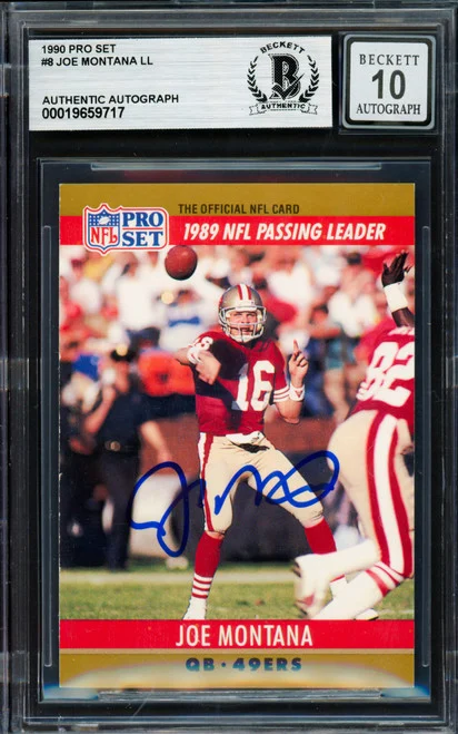 Joe Montana Autographed 1990 Pro Set Card #8 San Francisco 49ers Auto Grade Gem Mint 10 Beckett BAS Stock #261782