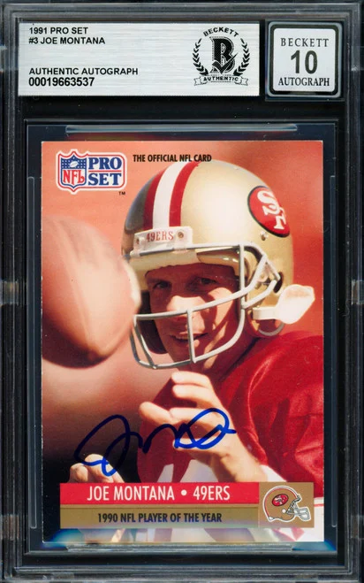 Joe Montana Autographed 1991 Pro Set Card #3 San Francisco 49ers Auto Grade Gem Mint 10 Beckett BAS Stock #261796