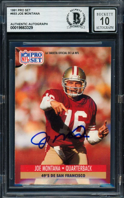 Joe Montana Autographed 1991 Pro Set (Spanish) Card #653 San Francisco 49ers Auto Grade Gem Mint 10 Beckett BAS #19663329