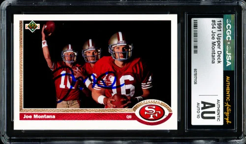 Joe Montana Autographed 1991 Upper Deck Card #54 San Francisco 49ers Auto Grade Gem Mint 10 CGC x JSA Stock #254420