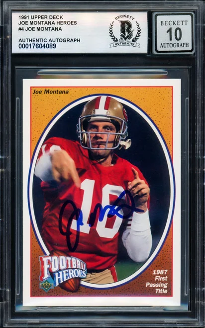 Joe Montana Autographed 1991 Upper Deck Heroes Card #4 San Francisco 49ers Auto Grade Gem Mint 10 Beckett BAS #17604089