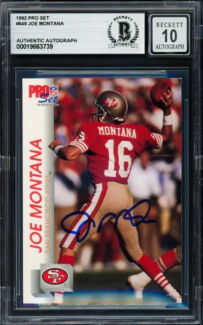 Joe Montana Autographed 1992 Pro Set Card #649 San Francisco 49ers Auto Grade Gem Mint 10 Beckett BAS #19663739