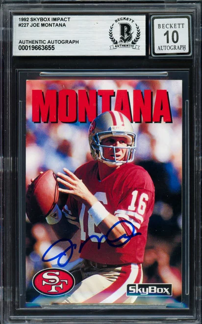 Joe Montana Autographed 1992 Skybox Card #227 San Francisco 49ers Auto Grade Gem Mint 10 Beckett BAS #19663655