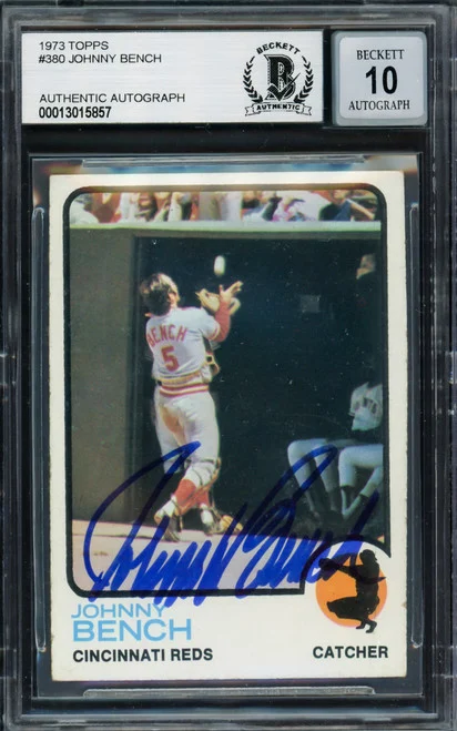 Johnny Bench Autographed 1973 Topps Card #380 Cincinnati Reds Auto Grade Gem Mint 10 Beckett BAS #13015857