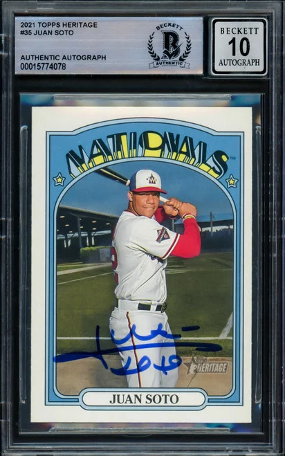 Juan Soto Autographed 2021 Topps Heritage Card #35 New York Mets Auto Grade Gem Mint 10 Beckett BAS Stock #216660