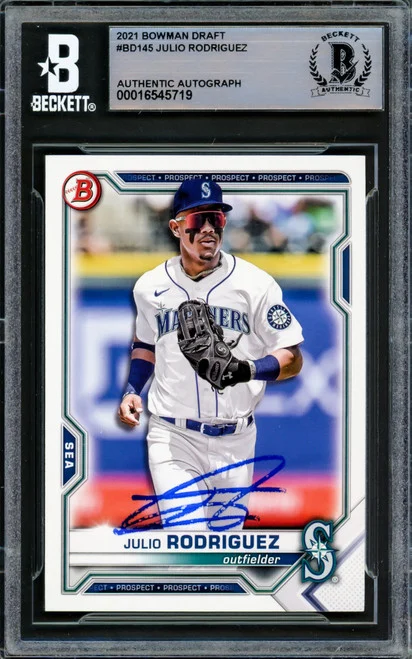 Julio Rodriguez Autographed 2021 Bowman Draft Card #BD145 Seattle Mariners Beckett BAS #16545719