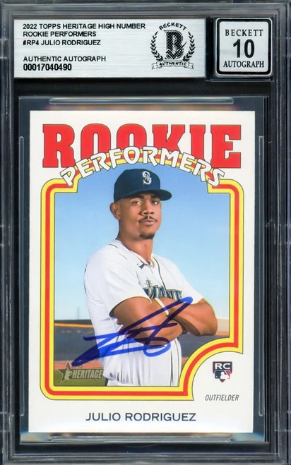 Julio Rodriguez Autographed 2022 Topps Heritage Rookie Performers Rookie Card #RP-4 Seattle Mariners Auto Grade Gem Mint 10 Beckett BAS #17040490