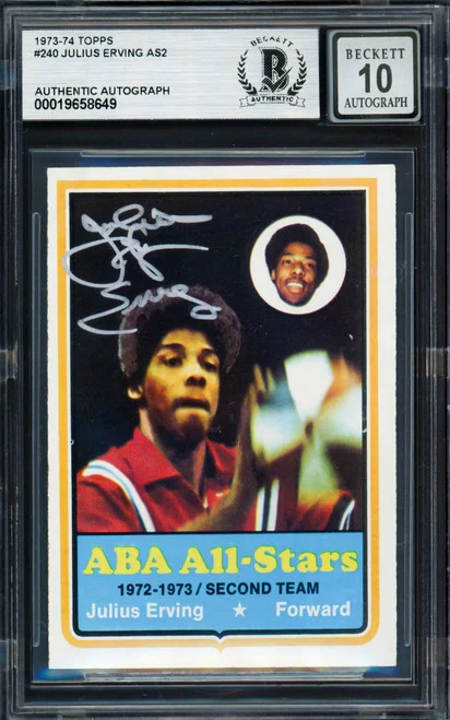 Julius Dr. J Erving Autographed 1973-74 Topps Card #240 Virginia Squires Auto Grade Gem Mint 10 Beckett BAS #19658649