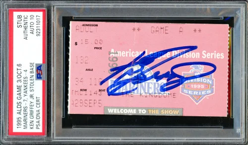 Ken Griffey Jr. Autographed 1995 ALDS Game 3 Ticket Seattle Mariners Auto Grade Gem Mint 10 PSA/DNA #92311017