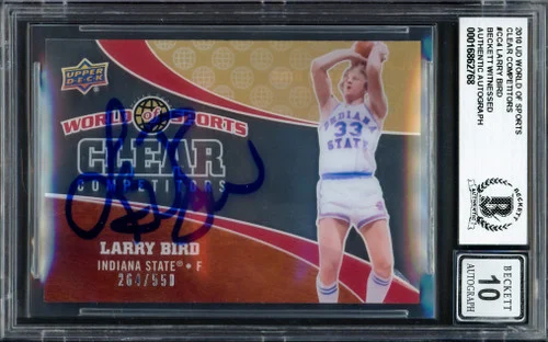 Larry Bird Autographed 2010 Upper Deck World of Sports Clear Competitors Card #CC4 Boston Celtics Auto Grade Gem Mint 10 #513/550 Beckett BAS Witness #16862769