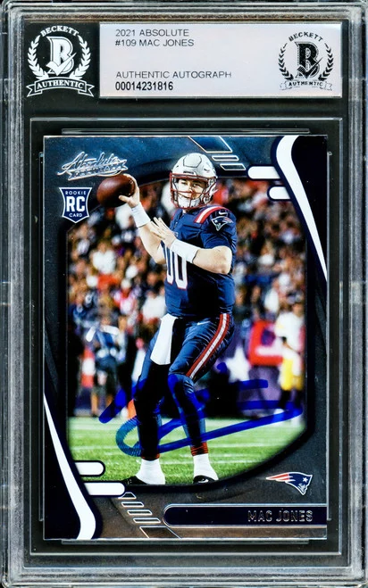 Mac Jones Autographed 2021 Panini Absolute Rookie Card #109 New England Patriots (Smudged) Beckett BAS #14231816