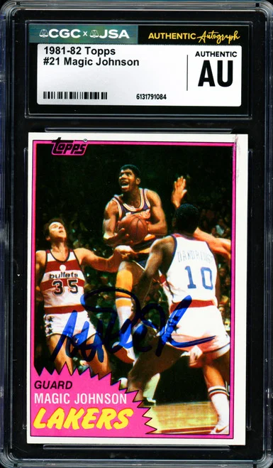Magic Johnson Autographed 1981-82 Topps Card #21 Los Angeles Lakers (Off-Center) CGC x JSA #6131791084