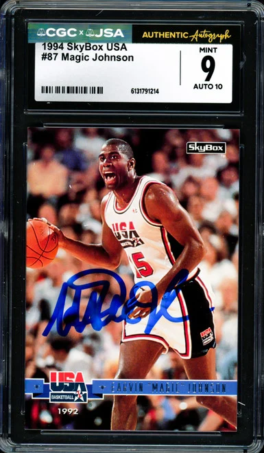 Magic Johnson Autographed 1994 Skybox USA Card #87 Team USA CGC x JSA 9 Auto Grade Gem Mint 10 CGC x JSA #6131791214
