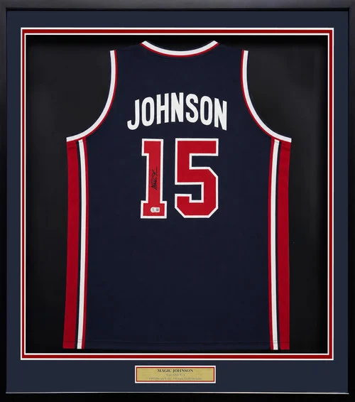 Magic Johnson Autographed Framed Blue All Star Jersey Beckett BAS Witness Stock #262549