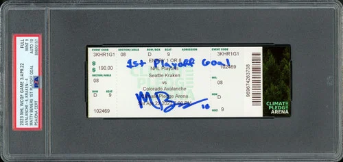 Matty Beniers Autographed 1st NHL Playoff Goal Ticket Seattle Kraken PSA 9 Auto Grade Gem Mint 10 "1st Playoff Goal" PSA/DNA #89893157