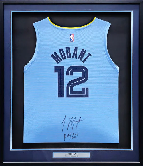 Memphis Grizzlies Ja Morant Autographed Framed Light Blue Fanatics Jersey "ROY 20" Beckett BAS QR Stock #212659