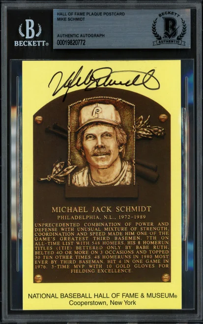 Mike Schmidt Autographed Hall of Fame HOF Plaque Postcard Philadelphia Phillies Beckett BAS #19820772