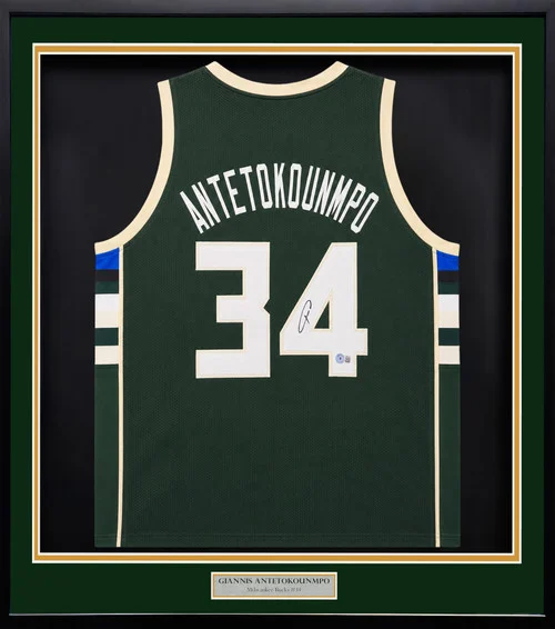 Milwaukee Bucks Giannis Antetokounmpo Autographed Framed Green Jersey Beckett BAS QR Stock #265448
