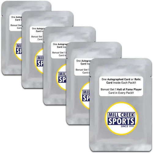 Mystery Sports Card Grab Pack With 1 Autographed or Relic Card & 1 Hall of Fame Player Card (5 Packs)