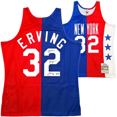 New York Nets Julius "Dr. J" Erving Autographed Red & Blue Authentic Mitchell & Ness 1973-74 HWC Swingman Jersey Size XL Beckett BAS Witness Stock #253702