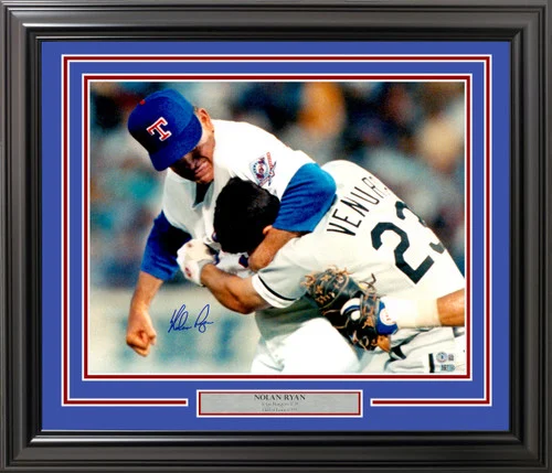 Nolan Ryan Autographed Framed 16x20 Photo Texas Rangers Fight vs. Robin Ventura Beckett BAS QR Stock #235665