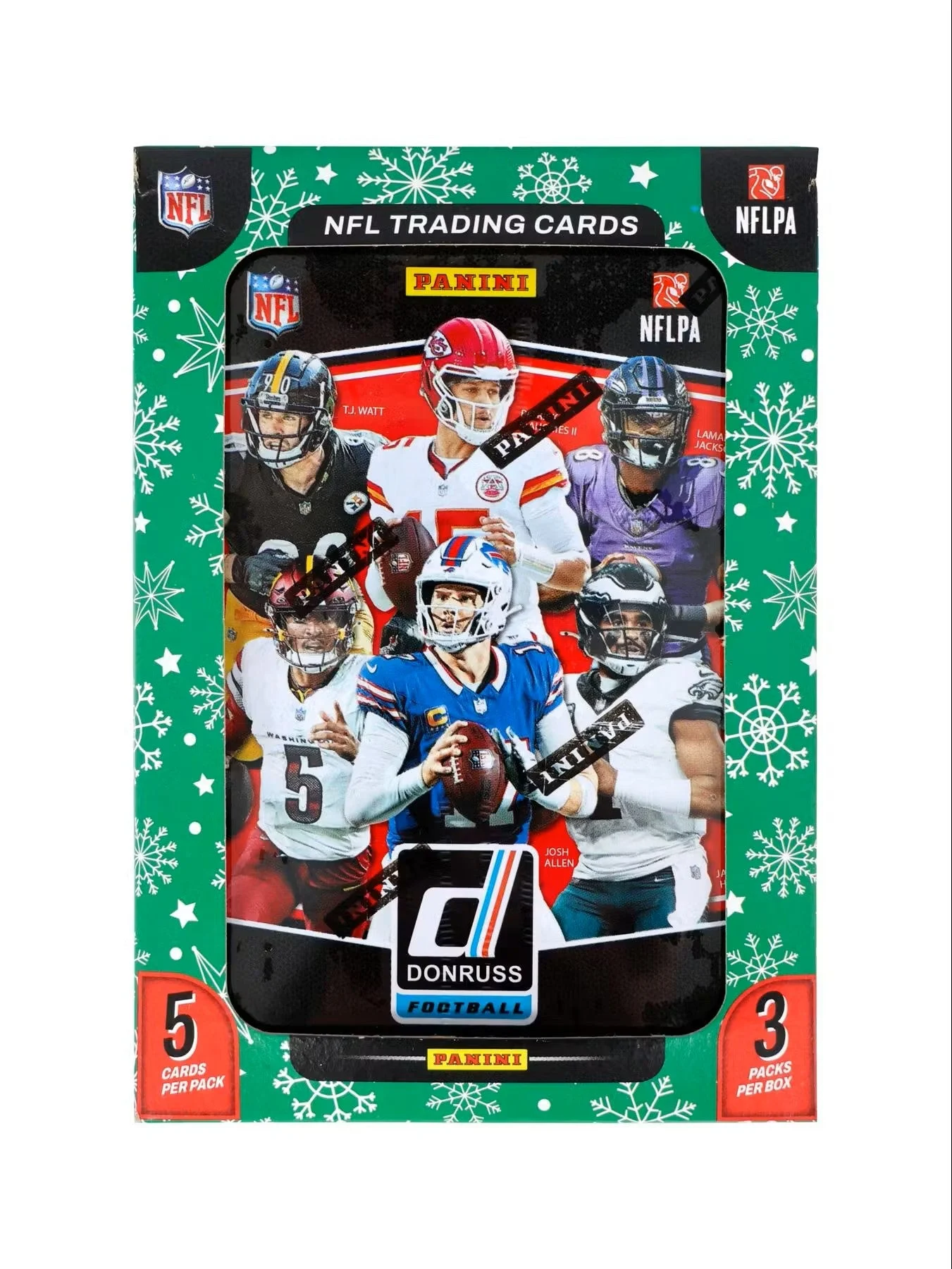 Panini 2025 Donruss Football Winter Holiday Tin Trading Card Box (3 Exclusive Press Proof Purple Cards Per Tin)