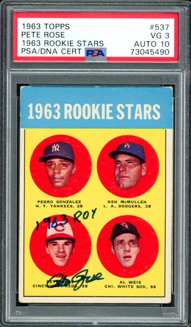 Pete Rose Autographed 1963 Topps Rookie Card #537 Cincinnati Reds PSA 3 Auto Grade Gem Mint 10 "1963 ROY" PSA/DNA #73045490