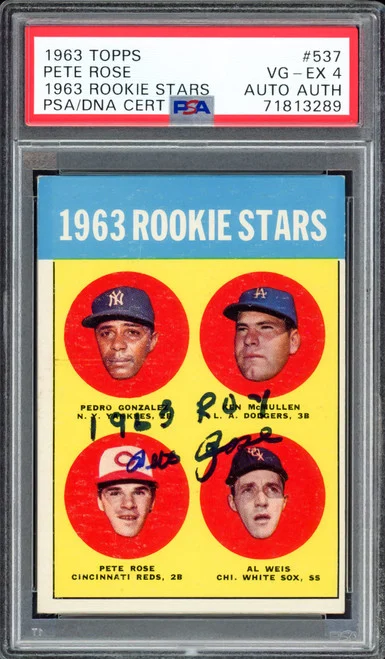 Pete Rose Autographed 1963 Topps Rookie Card #537 Cincinnati Reds PSA 4 "1963 ROY" PSA/DNA #71813289