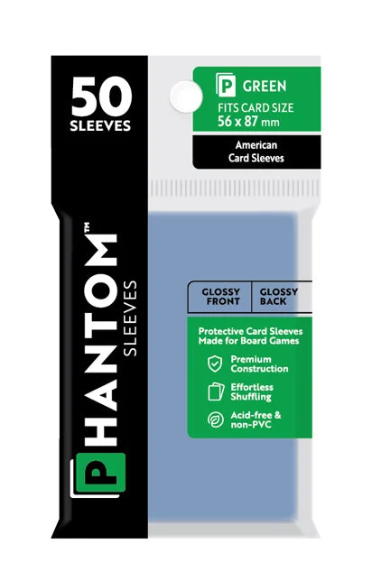 Phantom Sleeves: "Green Size" (56mm x 87mm) - Gloss/Gloss (50) (Compatible with: American Card Sleeves)