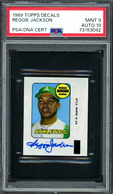 Reggie Jackson Autographed 1969 Topps Decals Rookie Card Oakland A's PSA 9 Auto Grade Gem Mint 10 PSA/DNA #73153042