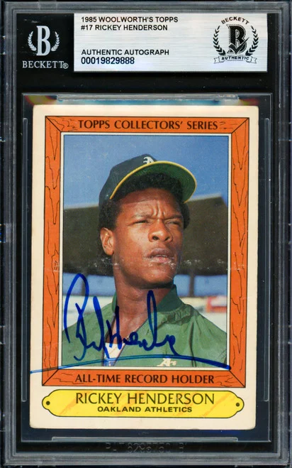 Rickey Henderson Autographed 1985 Topps Woolworth's Card #17 Oakland A's Beckett BAS #19829888