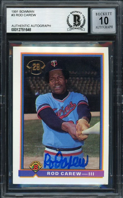 Rod Carew Autographed 1991 Bowman Card #3 Minnesota Twins Auto Grade Gem Mint 10 Beckett BAS Stock #192693