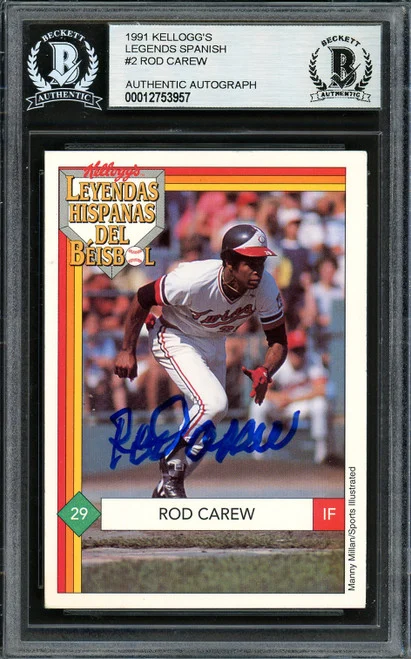 Rod Carew Autographed 1991 Kellogg's Card #2 Minnesota Twins Beckett BAS #12753957