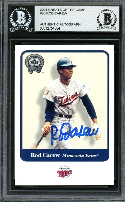 Rod Carew Autographed 2001 Fleer Greats of the Game Card #35 Minnesota Twins Beckett BAS Stock #193284