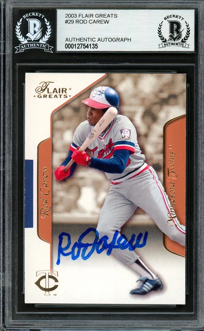 Rod Carew Autographed 2003 Fleer Flair Greats Card #29 Minnesota Twins Beckett BAS Stock #193308