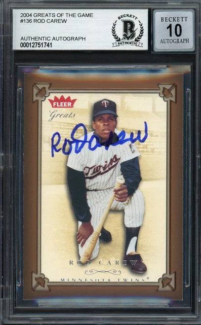 Rod Carew Autographed 2004 Fleer Greats of the Game Card #136 Minnesota Twins Auto Grade Gem Mint 10 Beckett BAS #12751741