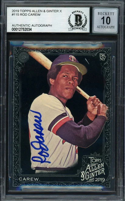 Rod Carew Autographed 2019 Topps Allen & Ginter Black Card #115 Minnesota Twins Auto Grade Gem Mint 10 Beckett BAS #12752034