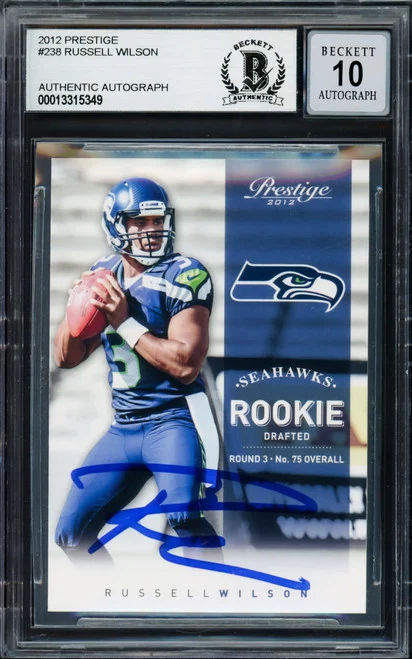 Russell Wilson Autographed 2012 Panini Prestige Rookie Card #238 Seattle Seahawks Auto Grade Gem Mint 10 Beckett BAS Stock #220156