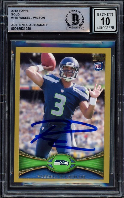 Russell Wilson Autographed 2012 Topps Gold Rookie Card #165 Seattle Seahawks Auto Grade Gem Mint 10 Beckett BAS #15531240