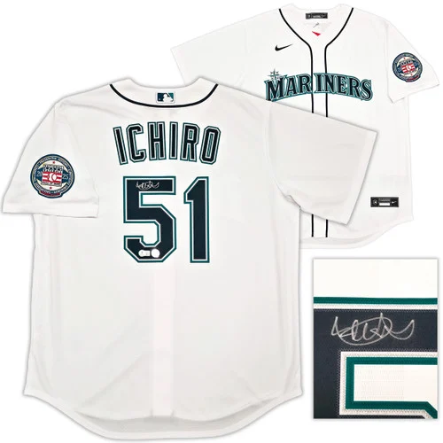 Seattle Mariners Ichiro Suzuki Autographed White Nike Hall of Fame Patch Jersey Size L IS Holo & Beckett BAS Witness Stock #256857
