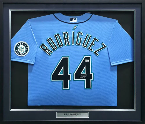 Seattle Mariners Julio Rodriguez Autographed Framed Blue Nike Jersey Beckett BAS QR Stock #256421