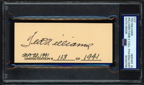Ted Williams Autographed 2x5 Cut Signature Boston Red Sox Auto Grade Gem Mint 10 LE #/1941 PSA/DNA Stock #256703