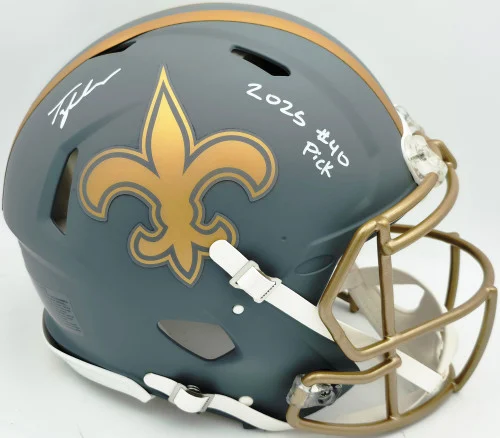 Tyler Shough Autographed New Orleans Saints Slate Gray Full Size Speed Authentic Helmet "2025 #40 Pick" Fanatics Holo #DC75984482
