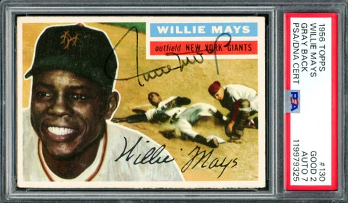 Willie Mays Autographed 1956 Topps Card #130 New York Giants PSA 2 Auto Grade 7 PSA/DNA #119979325