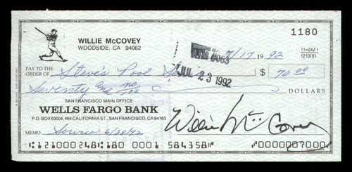 Willie McCovey Autographed 2.75x6 Check San Francisco Giants 1180 SKU #201504