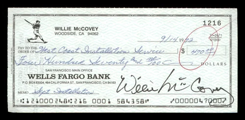 Willie McCovey Autographed 2.75x6 Check San Francisco Giants 1216 SKU #201475