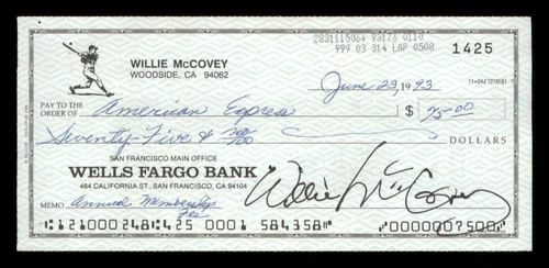 Willie McCovey Autographed 2.75x6 Check San Francisco Giants 1425 SKU #201496