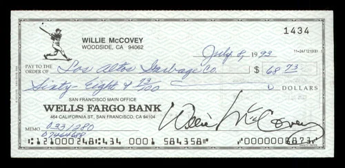 Willie McCovey Autographed 2.75x6 Check San Francisco Giants 1434 SKU #201489