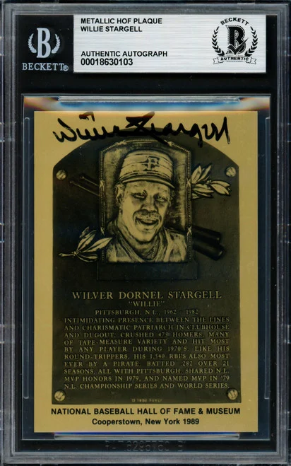 Willie Stargell Autographed 1989 2.5x3.5 Hall of Fame Metal Plaque Card Pittsburgh Pirates Beckett BAS #18630103